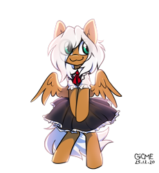 Size: 1518x1648 | Tagged: safe, artist:gicme, derpibooru import, oc, oc only, oc:viola pens, pegasus, pony, :3, aquamarine eyes, big eyes, bipedal, black skirt, blouse, brown coat, clothes, cosplay, costume, covering crotch, cute, ear fluff, ears, eye clipping through hair, hair covering face, hair over one eye, looking to side, looking to the right, maid, pleated skirt, signature, simple background, skirt, smiling, solo, spread wings, standing, transparent background, white mane, white tail, wide eyes, wings