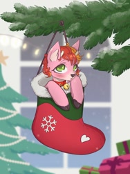 Size: 900x1200 | Tagged: safe, artist:lunarlacepony, derpibooru import, oc, oc only, deer, pony, bell, bell collar, christmas, christmas tree, clothes, collar, deer oc, hearth's warming eve, holiday, present, socks, solo, tree