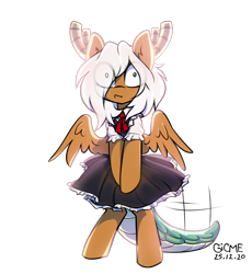 Size: 1518x1648 | Tagged: safe, alternate version, artist:gicme, derpibooru import, oc, oc only, oc:viola pens, pegasus, pony, :<, antlers, big eyes, bipedal, black skirt, blouse, brown coat, clothes, confused, cosplay, costume, covering crotch, cute, dragon tail, ear fluff, ears, eye clipping through hair, hair covering face, hair over one eye, horns, looking at you, maid, miss kobayashi's dragon maid, pleated skirt, shrunken pupils, signature, simple background, solo, spread wings, standing, tail swish, teal eyes, transparent background, white mane, wide eyes, wings