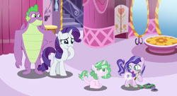 Size: 1024x556 | Tagged: safe, artist:sistervailory, derpibooru import, rarity, spike, oc, oc:clarity, dracony, dragon, hybrid, pony, unicorn, base used, description in comments, family, female, gigachad spike, interspecies offspring, male, offspring, older, older spike, parent:rarity, parent:spike, parents:sparity, shipping, sparity, straight