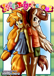 Size: 1860x2622 | Tagged: safe, artist:anibaruthecat, derpibooru import, pound cake, pumpkin cake, anthro, unguligrade anthro, comic:incest-d-licious, blushing, bow, brother and sister, cake twins, clothes, cute, dress, duo, female, hair bow, holding hands, horn, looking at you, male, shirt, shorts, siblings, title, title page, twins, watermark, wings