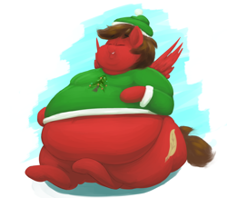 Size: 2500x2181 | Tagged: safe, artist:lupin quill, derpibooru import, oc, oc:redbow rose, pegasus, pony, belly, belly squish, big belly, bingo wings, chubby cheeks, clothes, double chin, eyes closed, fat, holiday, huge belly, neck roll, obese, pegasus oc, squish, sweater, triple chin, wings