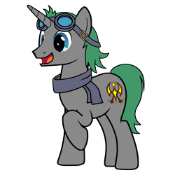 Size: 2048x2048 | Tagged: safe, artist:wptaimuty, derpibooru import, oc, oc only, oc:steam shadow, pony, unicorn, 2021 community collab, clothes, derpibooru community collaboration, goggles, goggles on head, male, raised hoof, scarf, simple background, smiling, solo, stallion, transparent background