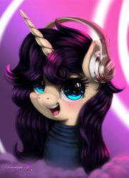 Size: 4045x5561 | Tagged: safe, artist:darksly, derpibooru import, oc, oc only, oc:melody verve, pony, unicorn, bust, clothes, commission, digital art, female, headphones, looking at you, mare, open mouth, portrait, simple background, smiley face, smiling, solo, solo female, sweater