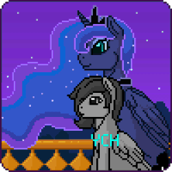 Size: 300x300 | Tagged: safe, artist:imreer, derpibooru import, princess luna, oc, alicorn, pony, animated, blinking, commission, duo, ethereal mane, female, gif, hug, jewelry, mare, night, outdoors, peytral, pixel art, smiling, starry mane, stars, tiara, winghug, your character here
