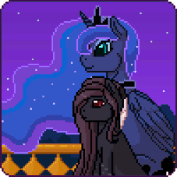 Size: 300x300 | Tagged: safe, artist:imreer, derpibooru import, princess luna, oc, alicorn, earth pony, pony, animated, blinking, commission, duo, earth pony oc, ethereal mane, female, gif, hug, jewelry, mare, night, outdoors, peytral, pixel art, starry mane, stars, tiara, winghug, ych result