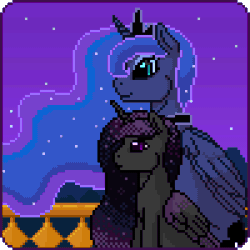 Size: 300x300 | Tagged: safe, artist:imreer, derpibooru import, princess luna, oc, alicorn, pony, alicorn oc, animated, blinking, commission, duo, ethereal mane, female, gif, glasses, horn, hug, jewelry, mare, night, outdoors, peytral, pixel art, starry mane, stars, tiara, winghug, wings, ych result