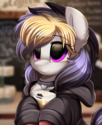 Size: 1446x1764 | Tagged: safe, artist:pridark, oc, oc:liquorice sweet, pony, beverage, collar, commission, female, hoodie, mare, mug, smiling, solo