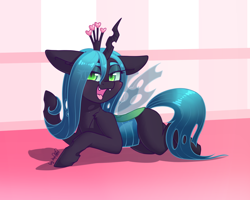 Size: 1600x1280 | Tagged: safe, alternate version, artist:dsp2003, queen chrysalis, changeling, changeling queen, blushing, changeling wings, chitin, commission, cute, cute little fangs, cutealis, ears, eye clipping through hair, fangs, female, filly, floppy ears, heart, insect wings, jagged horn, looking at you, open mouth, slit eyes, solo, textless, wings