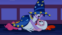 Size: 1366x768 | Tagged: safe, artist:thegamerpainter, edit, edited screencap, screencap, pinkie pie, star swirl the bearded, twilight sparkle, earth pony, pony, luna eclipsed, animal costume, blush sticker, blushing, chicken pie, chicken suit, cloak, clothes, costume, fake beard, female, hat, hoof touching, lesbian, looking at each other, nightmare night, nightmare night costume, shipping, star swirl the bearded costume, twinkie