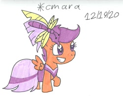 Size: 992x772 | Tagged: safe, artist:cmara, derpibooru import, scootaloo, pegasus, pony, clothes, cute, cutealoo, dress, female, filly, gala dress, grin, raised hoof, simple background, smiling, solo, traditional art, white background