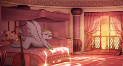 Size: 1126x607 | Tagged: artist needed, safe, derpibooru import, oc, oc:gabriela eagleclaw, griffon, equestria at war mod, bed, cello, crown, jewelry, looking at you, musical instrument, pillow, regalia, window