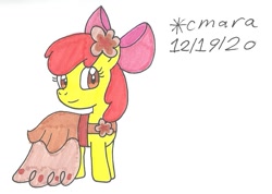 Size: 1086x772 | Tagged: safe, artist:cmara, derpibooru import, apple bloom, earth pony, pony, apple bloom's bow, bow, clothes, dress, female, filly, gala dress, hair bow, simple background, solo, traditional art, white background