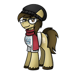 Size: 1240x1240 | Tagged: safe, artist:sugar morning, derpibooru import, oc, oc only, oc:bay mac, beanie, clothes, dun, fugazi, glasses, hat, looking at you, male, scarf, shirt, simple background, solo, stallion, t-shirt, transparent background, unshorn fetlocks