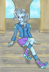 Size: 738x1096 | Tagged: safe, artist:rainskyblr, derpibooru import, trixie, equestria girls, blue skin, clothes, coat, female, shoes, signature, sitting, skirt, socks, solo, two toned hair, zipper