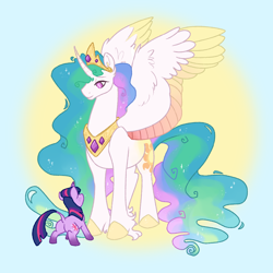 Size: 1500x1500 | Tagged: safe, artist:britebuck, derpibooru import, princess celestia, twilight sparkle, unicorn twilight, alicorn, pony, unicorn, colored wings, colored wingtips, curved horn, duo, female, filly, filly twilight sparkle, gradient background, horn, jewelry, leonine tail, regalia, younger