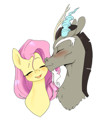 Size: 3001x3627 | Tagged: safe, artist:aztrial, derpibooru import, discord, fluttershy, draconequus, pegasus, pony, blushing, bust, cute, discoshy, eyes closed, female, kiss on the cheek, kissing, male, mare, shipping, shyabetes, simple background, straight, transparent background