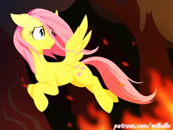 Size: 1600x1200 | Tagged: safe, artist:willoillo, derpibooru import, fluttershy, pegasus, pony, fire, solo