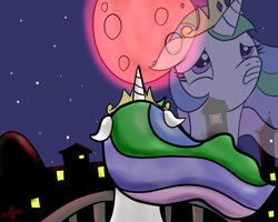 Size: 5000x4000 | Tagged: safe, artist:sketch-leaderboard, derpibooru import, princess celestia, alicorn, pony, balcony, blood moon, moon, night, scared