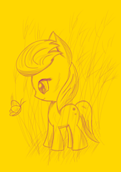 Size: 980x1390 | Tagged: artist needed, source needed, safe, derpibooru import, oc, oc only, butterfly, earth pony, insect, pony, cutie mark, female, mare, simple background, smiling, solo, yellow background