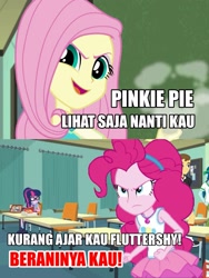 Size: 1717x2284 | Tagged: safe, derpibooru import, fluttershy, pinkie pie, sci-twi, twilight sparkle, better together, equestria girls, angry, implied rainbow dash, indonesian, narrowed eyes, rage