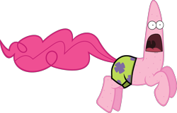 Size: 2448x1563 | Tagged: safe, artist:slb94, derpibooru import, editor:starry mind, pinkie pie, earth pony, pony, scare master, androgynous, bald, clothes, cursed image, freckles, fusion, nonbinary, open mouth, pants, patrick star, pronking, screaming, shorts, simple background, solo, spongebob squarepants, starfish, starfish pony, transparent background, wat, what has science done