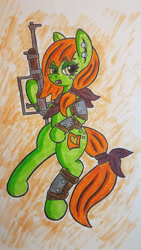 Size: 1024x1821 | Tagged: safe, artist:dice-warwick, derpibooru import, oc, oc:lottery, earth pony, pony, fallout equestria, armor, butt freckles, ear piercing, earring, freckles, jewelry, piercing, pipe rifle, solo