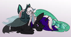 Size: 5336x2766 | Tagged: safe, artist:celestial-rainstorm, derpibooru import, oc, oc only, oc:fenirus, oc:kei, oc:midnight, changeling, cuddling, green changeling