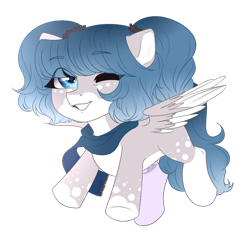 Size: 900x900 | Tagged: safe, artist:bylullabysoft, derpibooru import, oc, oc only, pegasus, pony, chibi, digital art, female, hooves, looking at you, mare, one eye closed, simple background, solo, spread wings, transparent background, wings