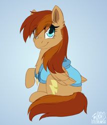 Size: 1800x2100 | Tagged: safe, artist:dreamy, artist:littledreamycat, derpibooru import, oc, oc only, oc:thunder twirl, pegasus, pony, blue background, chest fluff, clothes, eye clipping through hair, female, hoodie, looking at you, mare, patreon, patreon reward, raised hoof, simple background, sitting, smiling, solo