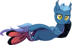 Size: 1730x1100 | Tagged: safe, artist:crystalightrocket, derpibooru import, oc, oc only, oc:nightforce, bat pony, pony, 2021 community collab, bat pony oc, bat wings, blackwork, cargosox, clothes, cute, cute little fangs, derpibooru community collaboration, draw me like one of your french girls, ear tufts, fangs, female, golden eyes, lidded eyes, lying, mare, ponytail, raised eyebrow, shoes, simple background, slit eyes, smiling, socks, solo, tattoo, transparent background, wing hooks, wings