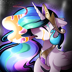 Size: 2048x2048 | Tagged: safe, artist:mychelle, derpibooru import, princess celestia, alicorn, pony, chest fluff, crown, cutie mark, ear fluff, ears, female, high res, horn, magic, mare, multicolored mane, open mouth, solo, starry background, white coat, wings