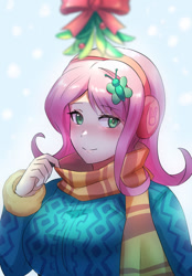 Size: 800x1149 | Tagged: safe, artist:tzc, derpibooru import, fluttershy, human, blushing, breasts, christmas, clothes, cute, earmuffs, female, holiday, holly, holly mistaken for mistletoe, humanized, scarf, shyabetes, solo, sweater, sweatershy, wrong eye color