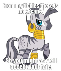Size: 1107x1280 | Tagged: safe, artist:shelltoon, derpibooru import, edit, zecora, zebra, bronybait, caption, imminent tickles, implied tickling, looking at you, raised hoof, smiling, text, this will end in tickles, vector, vector edit