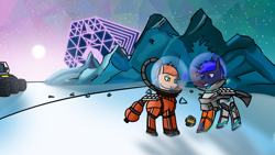 Size: 1920x1080 | Tagged: safe, artist:klp8, derpibooru import, oc, oc only, oc:pixel shield, oc:rusty gears, earth pony, pony, unicorn, astroneer, duo, mountain, snow, spacesuit, stars