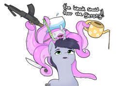 Size: 9600x6823 | Tagged: safe, artist:almond evergrow, derpibooru exclusive, derpibooru import, oc, oc only, oc:hatter, octopus, unicorn, black lipstick, bren gun, confident, femboy, grey fur, gun, hat, knife, lipstick, male, snorkel, solo, tea, teapot, tentacles, the weak should fear the strong, trap, water, weapon