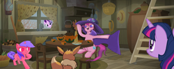 Size: 862x344 | Tagged: safe, derpibooru import, edit, starlight glimmer, twilight sparkle, oc, oc:formosana, oc:nataly sparkle, earth pony, pony, unicorn, cape, clothes, eevee, hat, kitchen, pokémon, table, trixie's cape, trixie's hat