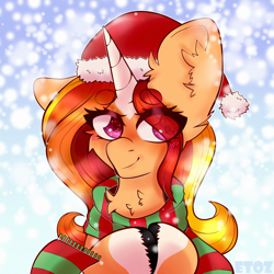 Size: 2000x2000 | Tagged: safe, artist:etoz, derpibooru import, oc, oc only, unicorn, blushing, christmas, clothes, commission, female, happy, hat, holiday, horn, icon, mare, santa hat, scarf, smiling, snow, snowfall, solo, winter, winter outfit, ych result