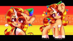 Size: 3840x2160 | Tagged: safe, artist:etoz, derpibooru import, oc, oc only, oc:sunrise diamond, unicorn, angry, blushing, bow, chibi, commission, female, horn, mare, smiling, tsundere, unicorn oc, wallpaper, ych result