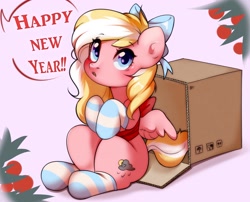 Size: 2712x2192 | Tagged: safe, artist:pledus, derpibooru import, oc, oc only, oc:bay breeze, pegasus, pony, blushing, bow, box, clothes, cute, female, hair bow, looking at you, mare, new year, ocbetes, socks, speech bubble, striped socks