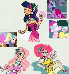 Size: 720x775 | Tagged: safe, artist:citi, derpibooru import, screencap, fluttershy, pinkie pie, twilight sparkle, human, a canterlot wedding, alternate hairstyle, breasts, bridesmaid dress, cake, cleavage, clothes, cute, diapinkes, dress, eating, food, glowing hands, humanized, magic, scene interpretation, screencap reference, shyabetes, twiabetes