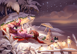 Size: 4093x2894 | Tagged: safe, artist:shore2020, derpibooru import, oc, oc only, kirin, bendy straw, crossed legs, drinking, drinking straw, kirin oc, night, relaxing, scenery, smiling, snow, solo, string lights, winter