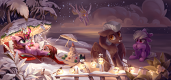 Size: 6201x2894 | Tagged: safe, artist:shore2020, derpibooru import, derpy hooves, flitter, thunderlane, oc, kirin, pegasus, pony, kirin oc, night, outdoors, relaxing, snow, string lights, winter