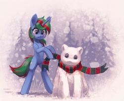 Size: 2454x2000 | Tagged: safe, artist:koviry, derpibooru import, oc, oc only, oc:wander bliss, pony, unicorn, bipedal, clothes, cute, ocbetes, scarf, smiling, snow, snowpony, solo, winter