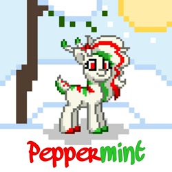 Size: 720x720 | Tagged: safe, artist:band sickle, derpibooru import, oc, oc:peppermint, deer, cute, deer oc, female, festive, horns, name tag, pixel art, pony town art, snow, solo, stripes, sun, sunny, tree, winter