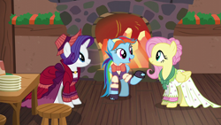 Size: 1920x1080 | Tagged: safe, derpibooru import, screencap, flutterholly, fluttershy, merry, rainbow dash, rarity, pegasus, pony, unicorn, a hearth's warming tail, bowtie, bustle dress, clothes, female, fireplace, ivory shirt, mare, rainbow dash always dresses in style, shirt, snowdash, waistcoat