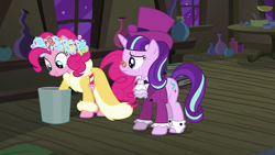 Size: 1920x1080 | Tagged: safe, derpibooru import, screencap, pinkie pie, snowfall frost, starlight glimmer, earth pony, pony, unicorn, a hearth's warming tail, clothes, female, mare, spirit of hearth's warming presents, trash can