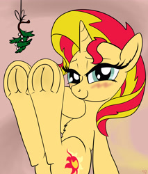 Size: 3400x4000 | Tagged: safe, alternate version, artist:littlenaughtypony, derpibooru import, part of a set, sunset shimmer, pony, unicorn, bedroom eyes, blushing, cute, fetish, frog (hoof), hoof fetish, looking at you, mistletoe, shimmerbetes, smiling, underhoof