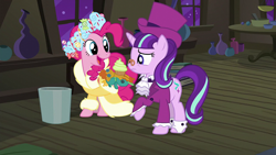 Size: 1920x1080 | Tagged: safe, derpibooru import, screencap, pinkie pie, snowfall frost, starlight glimmer, earth pony, pony, unicorn, a hearth's warming tail, clothes, female, mare, spirit of hearth's warming presents, trash can