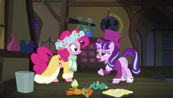 Size: 1920x1080 | Tagged: safe, derpibooru import, screencap, pinkie pie, snowfall frost, starlight glimmer, earth pony, pony, unicorn, a hearth's warming tail, book, clothes, female, mare, spirit of hearth's warming presents, trash can